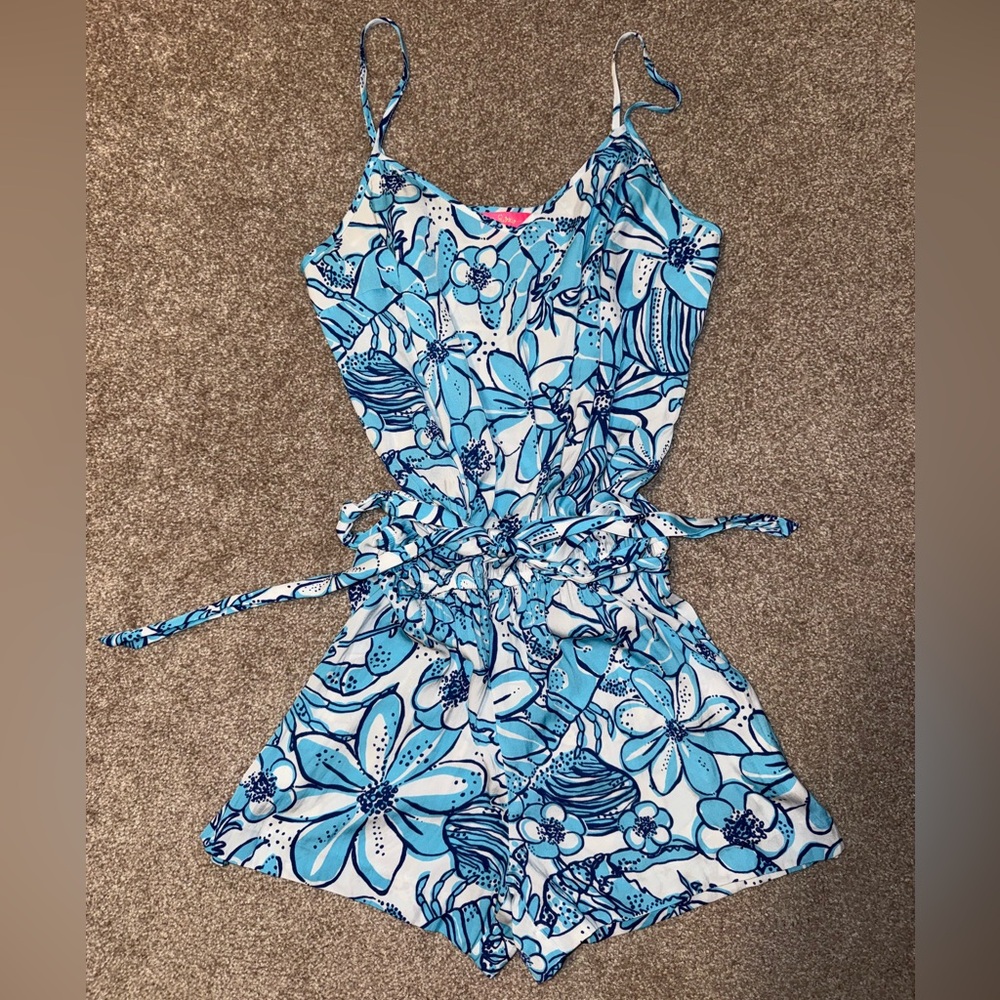 Lilly Pulitzer Pop Up Deanna Romper Succulent Blue Floral Coronado Crab XS